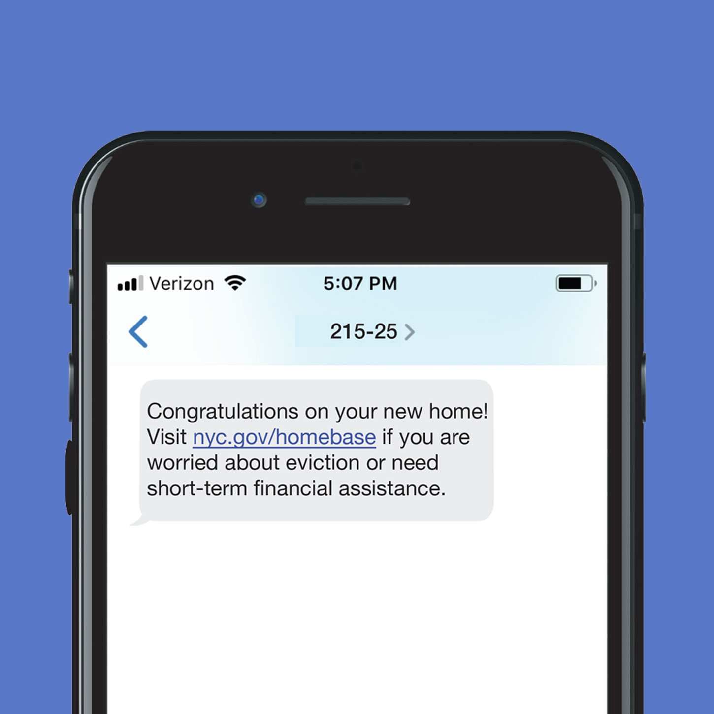 A text message on a smartphone reads "Congratulations on your new home! Visit nyc.gov/homebase if you are worried about eviction or need short-term financial assistance."
