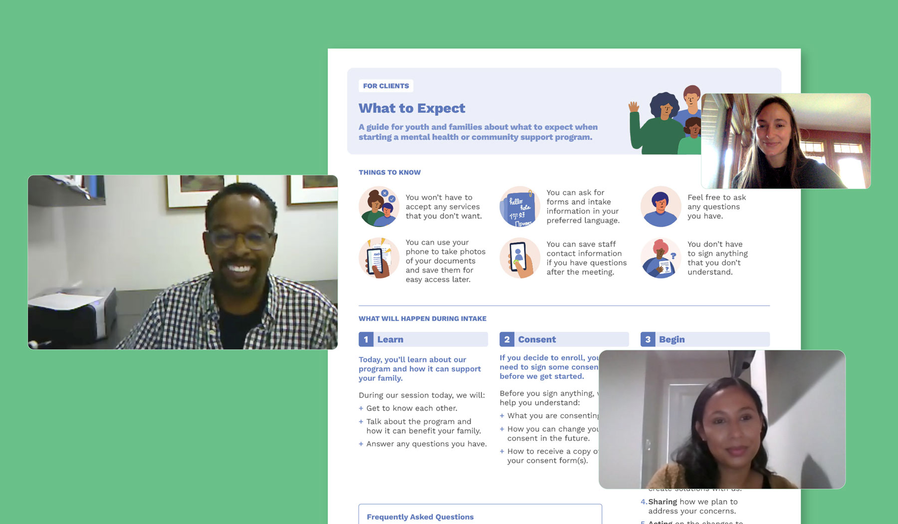 Screenshots of video chat windows for three collaborators are superimposed over a document explaining what to expect when starting a mental health or community support system for foster youth and families.