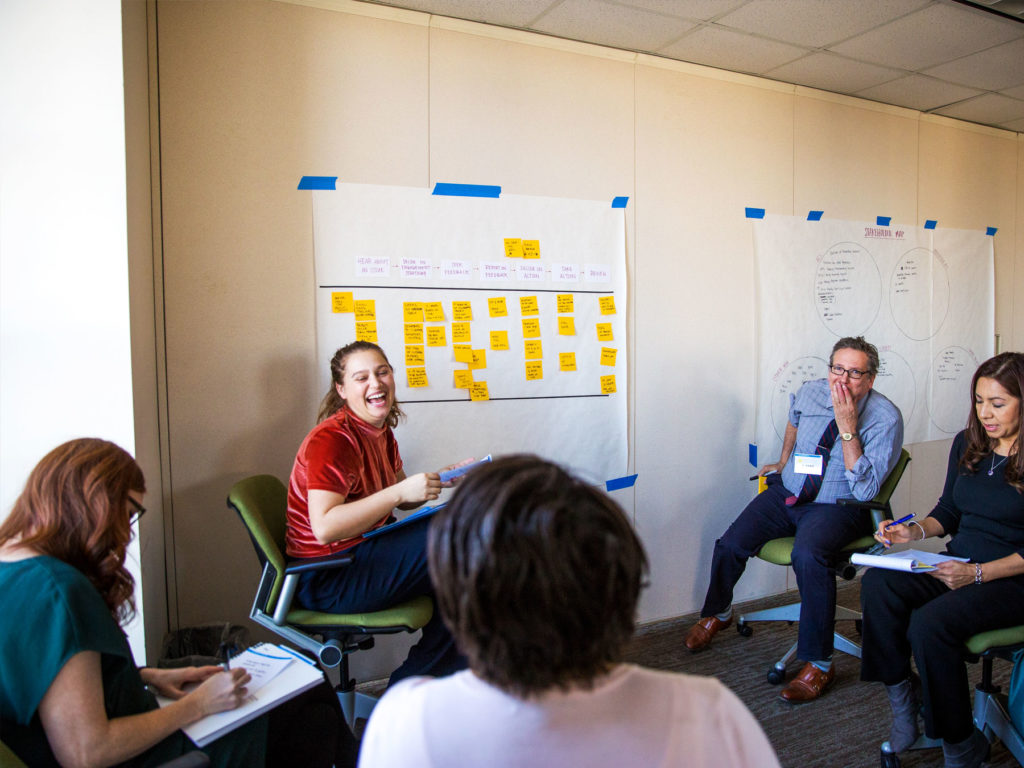 Five individuals listen, take notes, and laugh while sitting in a circle in front of two large flip charts.