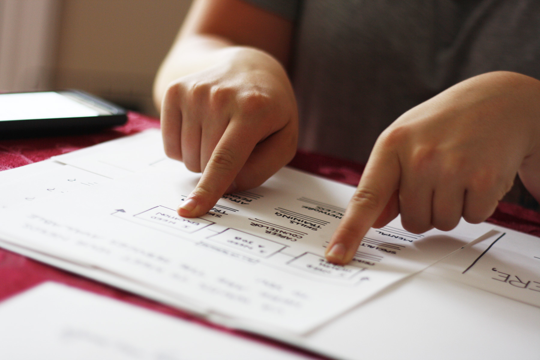 A close up of a person pointing with both hands at different parts of a paper laid out in front of them.