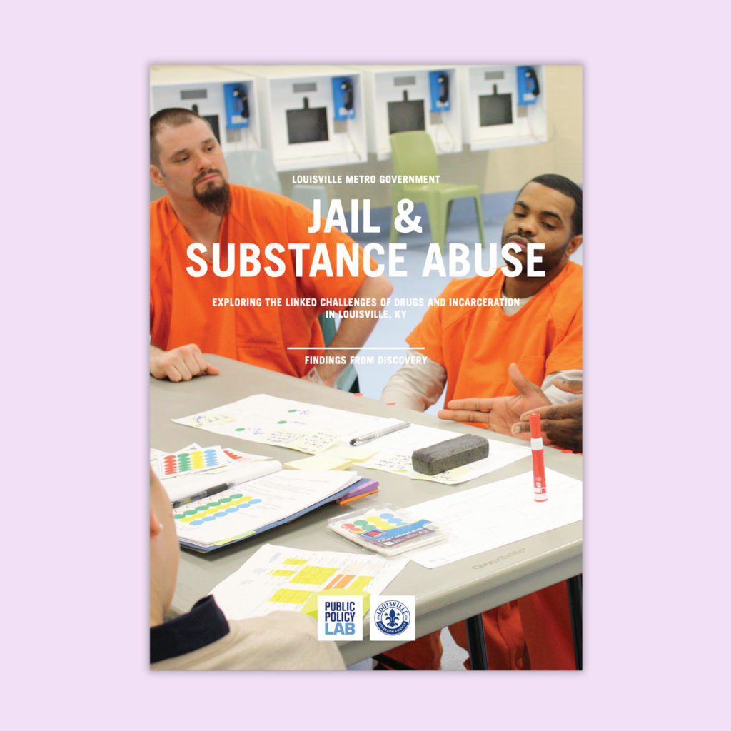 The cover of the project report features the title Jail & Substance Abuse in large text overlaid over an image of two incarcerated individuals sitting at a table during a working session with Public Policy Lab.