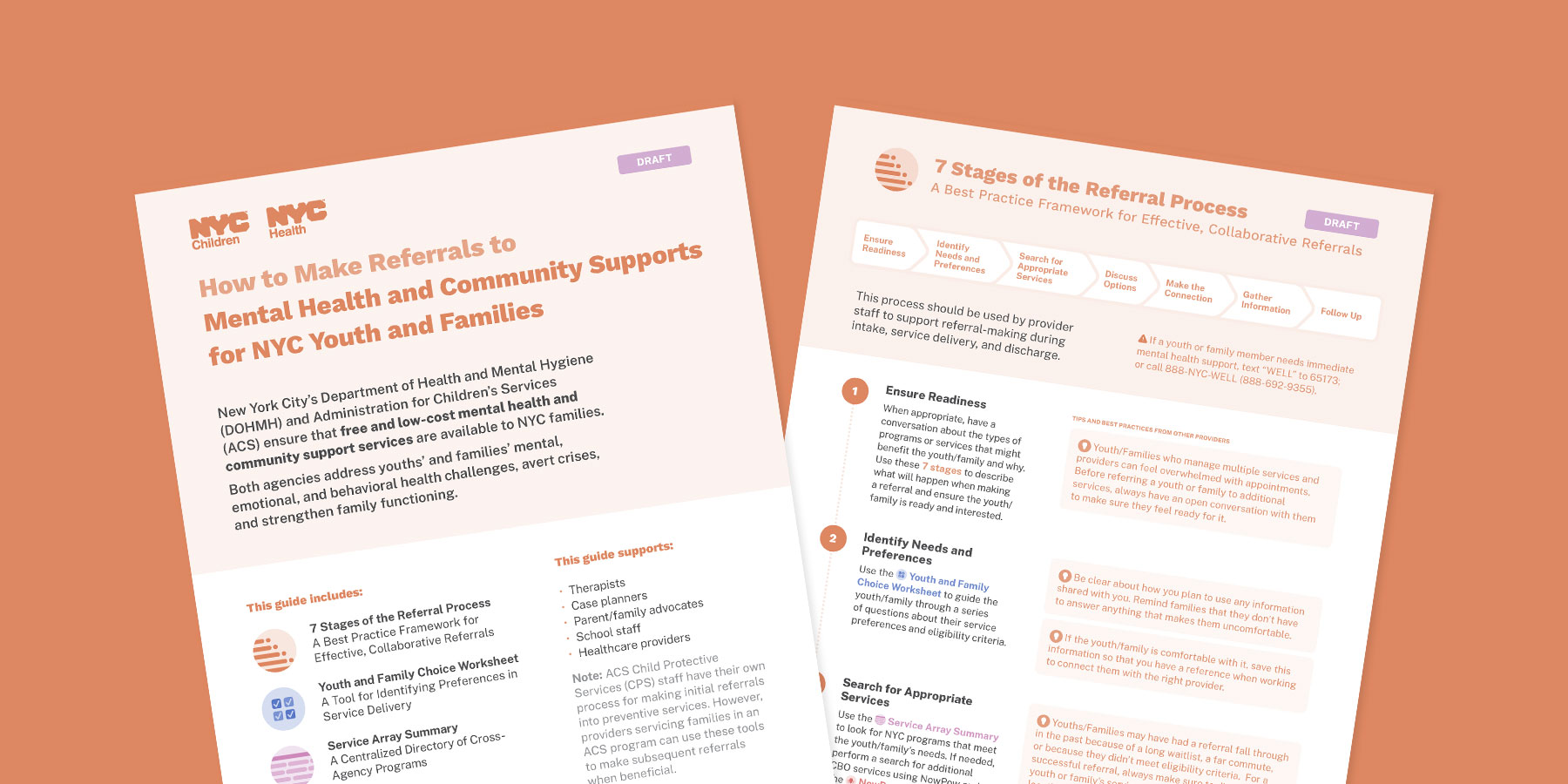 A handout titled "How to Make Referrals to Mental Health and Community Supports for NYC Youth and Families" explains the different stages of the referral process.