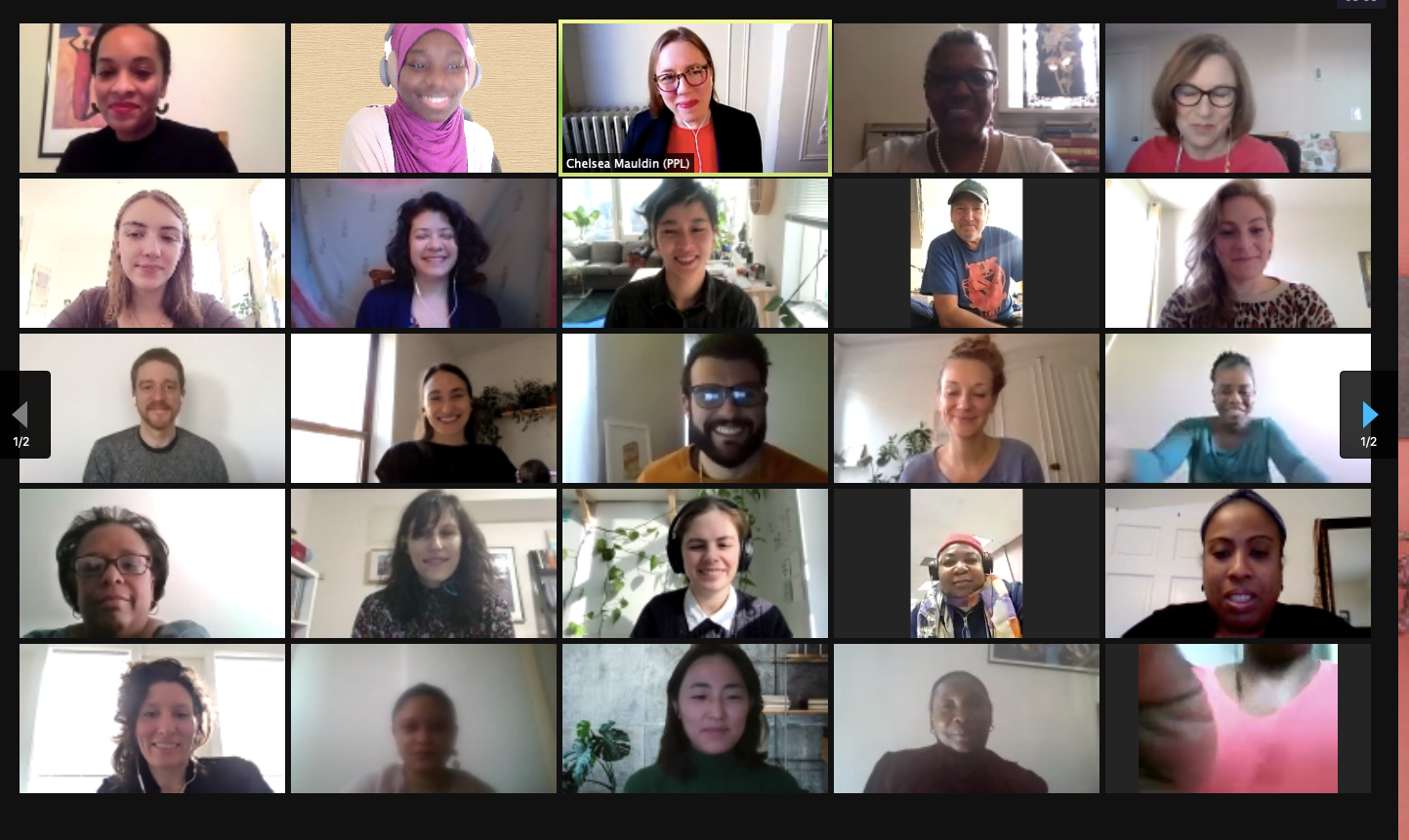 25 faces on a video conference call participating in online Public Policy Lab research during the COVID-19 pandemic.