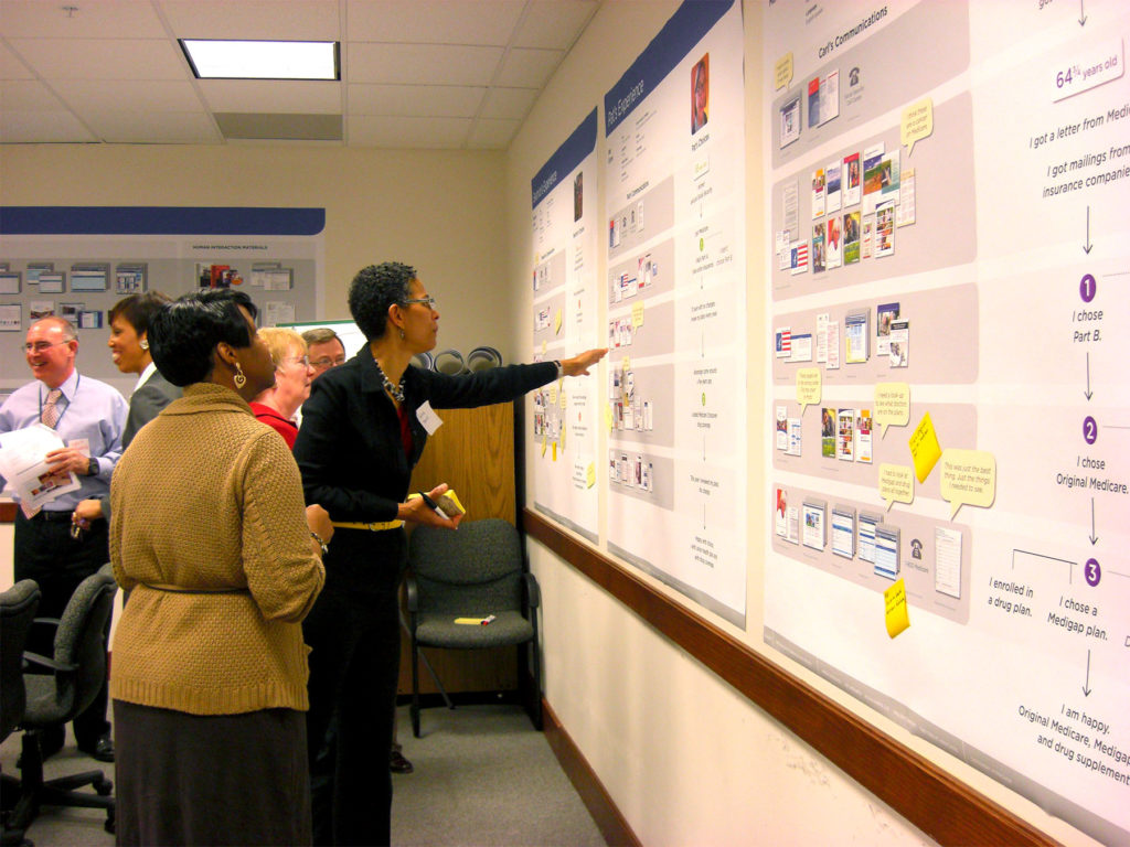 A group of individuals in an office look at large posters on a wall visualizing research findings. One person reaches out to point at a particular piece of information.