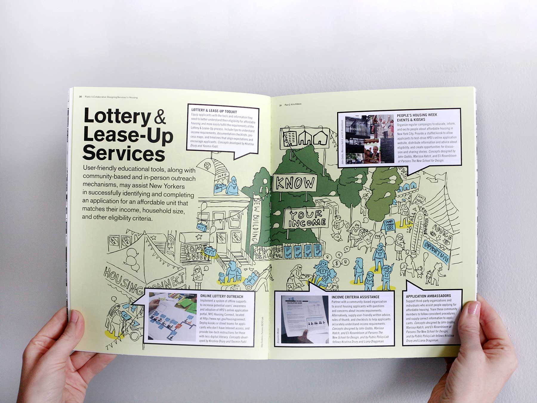 Two hands hold open a booklet explaining Lottery & Lease-Up Services for finding affordable housing.