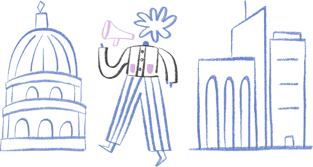 A hand-drawn figure speaks into a loudspeaker in a city.