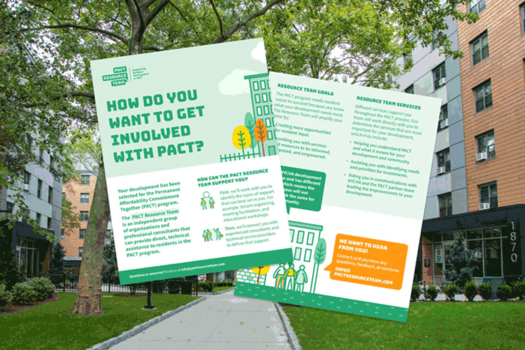 A handout designed by PPL explains how to get involved with PACT. The handout is superimposed over a photo of a housing complex.