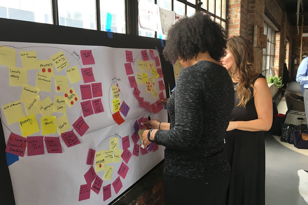 Two people place sticky notes on a large piece of paper hung to the wall.