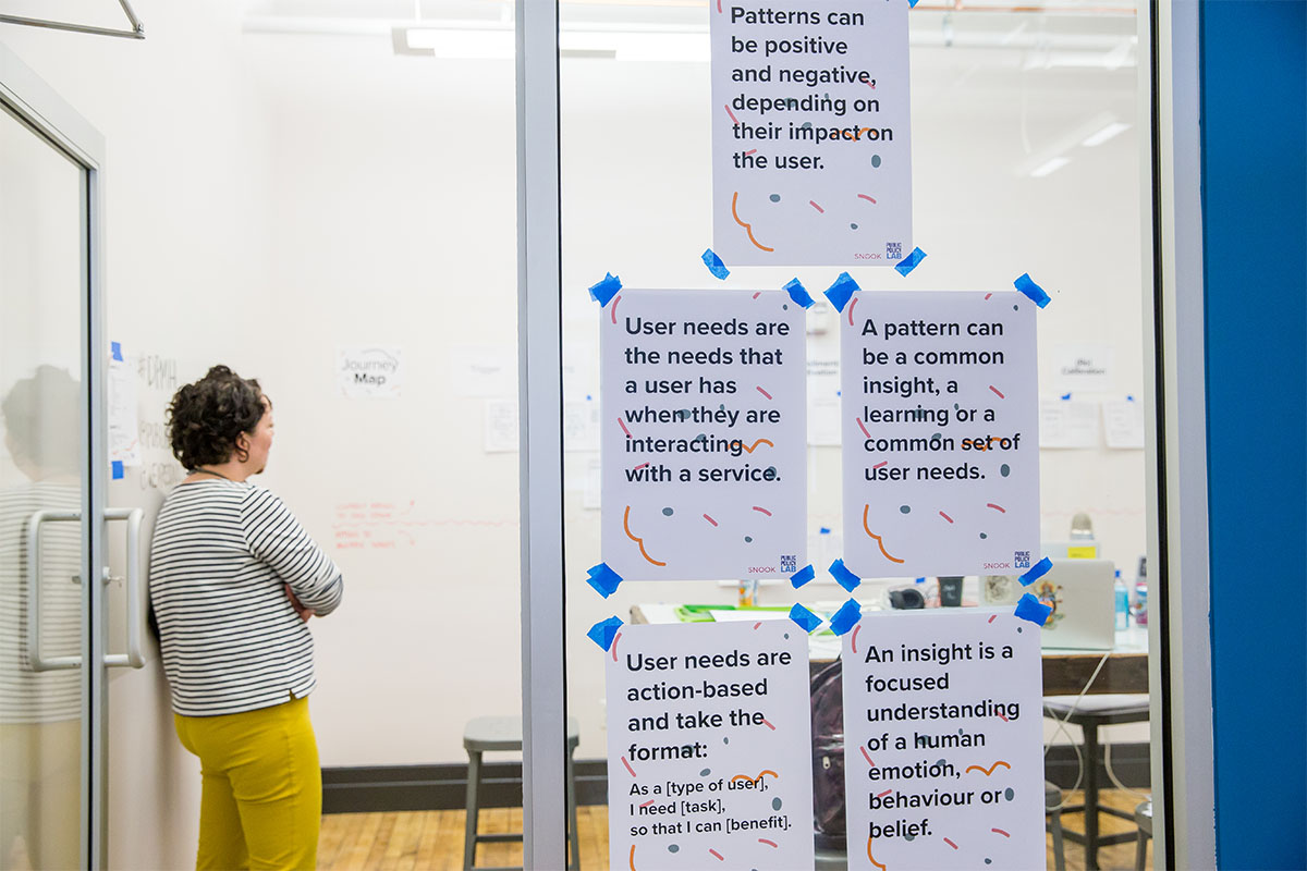 A person stands leaning against a wall in an office meeting room. Posters about the design process are taped to the office window.