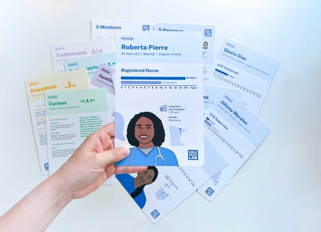 Cards from a design toolkit featuring five personas and mindsets are spread out on a table. A hand holds up one persona of a registered nurse from Minnesota.