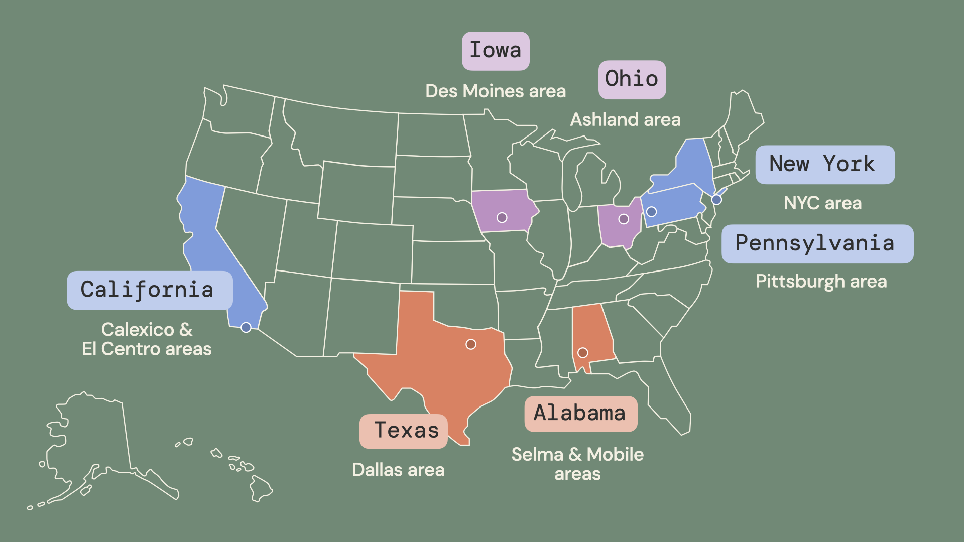 A map of the United States shows the seven communities in which research took place: California, Texas, New York, Pennsylvania, Ohio, Iowa, and Alabama.