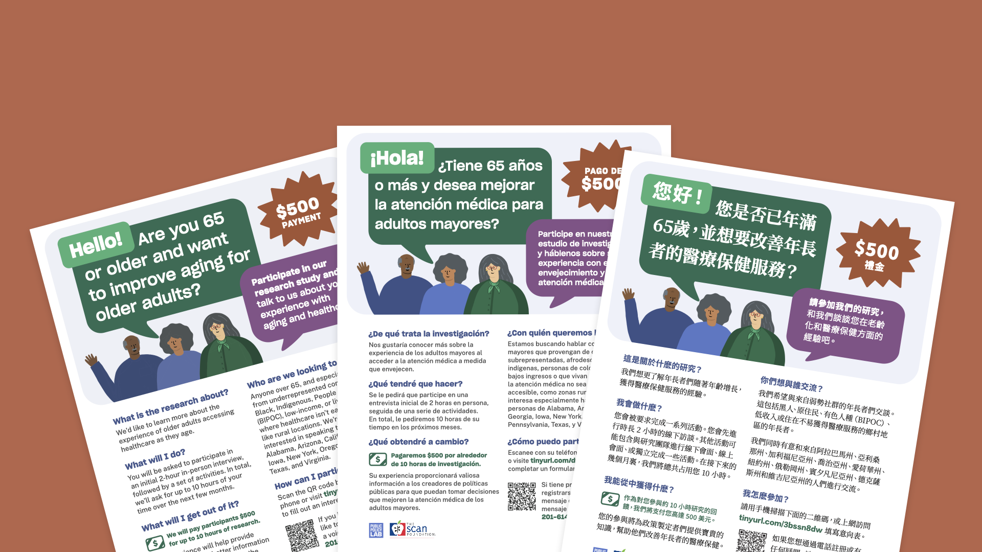 Outreach flyers used for the project were produced in English, Spanish, and Chinese.