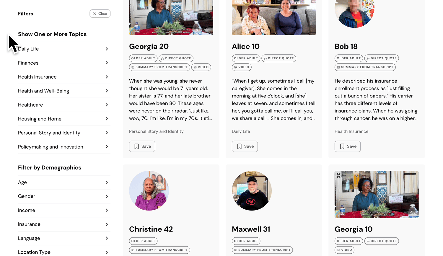 Showing results on toggling on all filters for Daily Life, the toggling them off, finally selecting subfilters for 'Adult Day Care' and 'Caregiver Ecosystem'