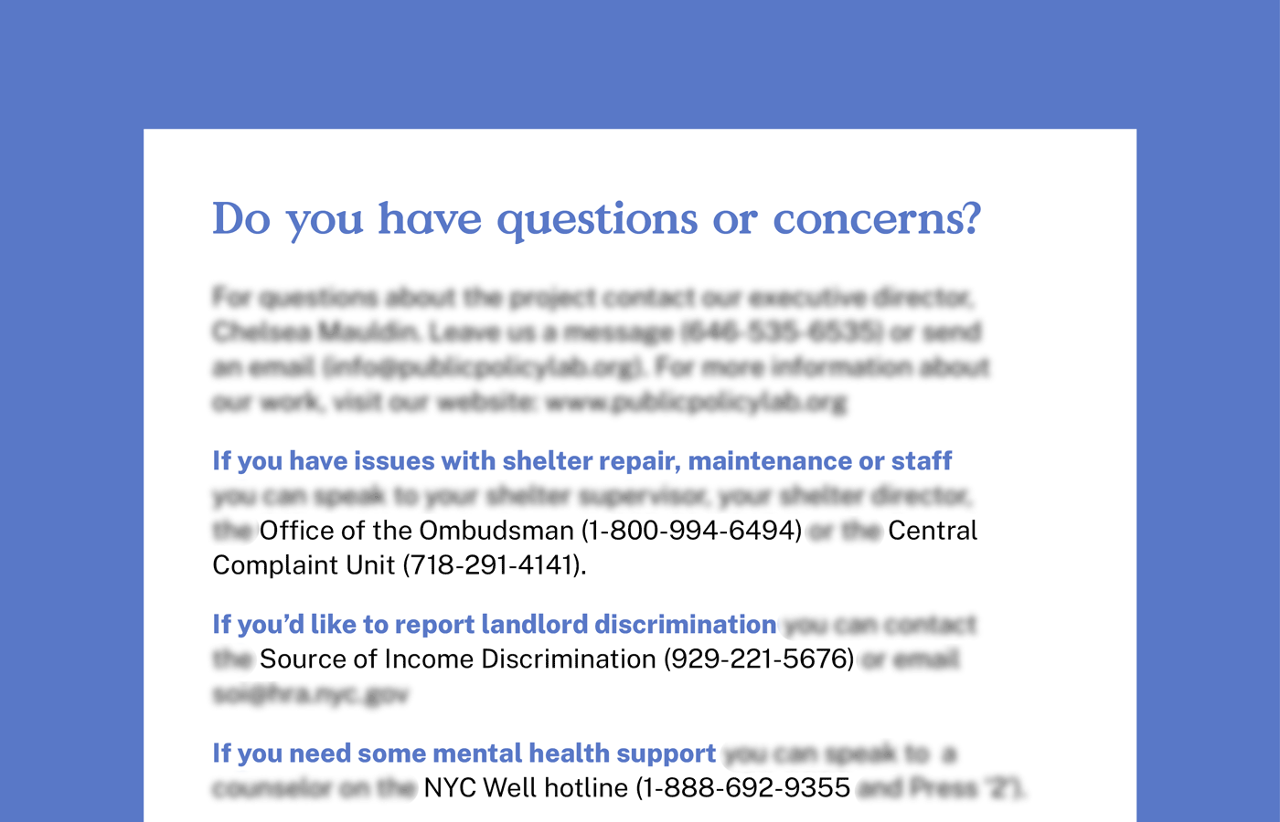 A list resources given to participants at the end of an interview.
