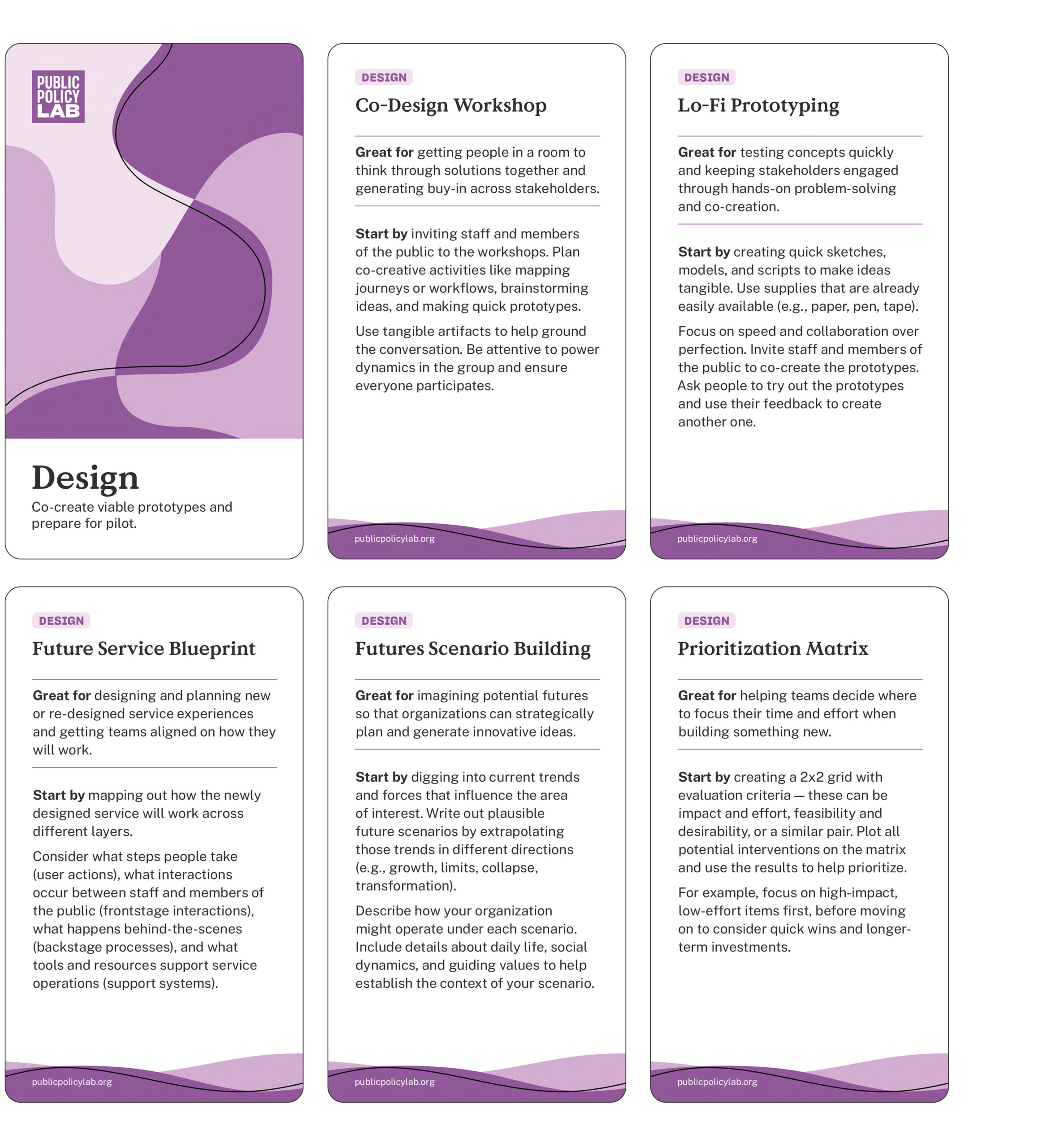 A white and purple card with the title "Design" and the subtitle "Co-create viable prototypes and prepare for pilot." Below the title are five purple cards, each with a different design method: "Co-Design Workshop," "Lo-Fi Prototyping," "Future Service Blueprint," "Futures Scenario Building," and "Prioritization Matrix." Each card describes the purpose and a starting point for the method.
