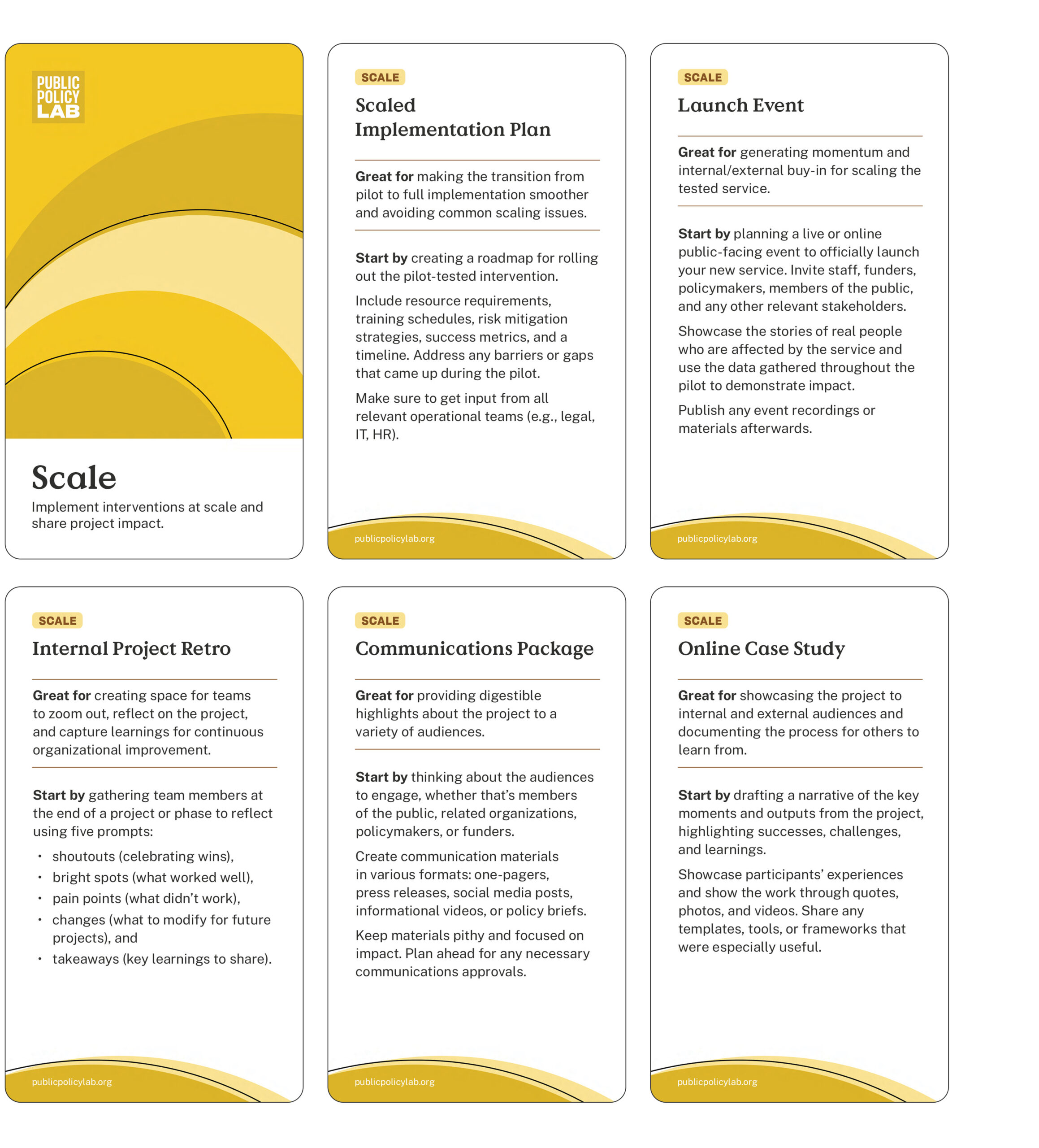 A white and yellow card with the title "Scale" and the subtitle "Implement interventions at scale and share project impact." Below the title are five yellow cards, each with a different scaling method: "Scaled Implementation Plan," "Launch Event," "Internal Project Retro," "Communications Package," and "Online Case Study." Each card describes the purpose and a starting point for the method.