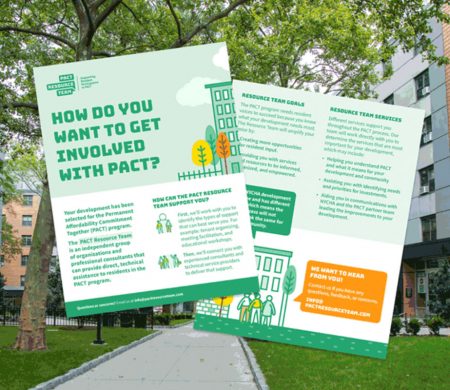 A handout designed by PPL explains how to get involved with PACT. The handout is superimposed over a photo of a housing complex.