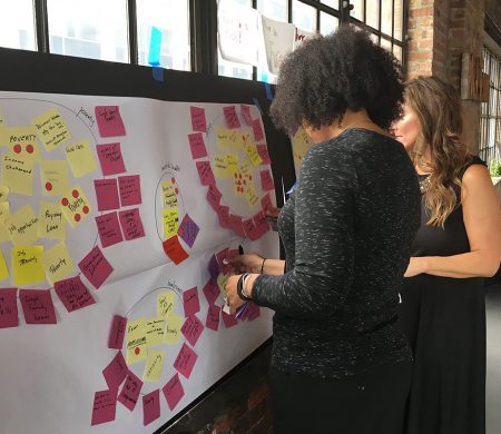 Two people place sticky notes on a large piece of paper hung to the wall.