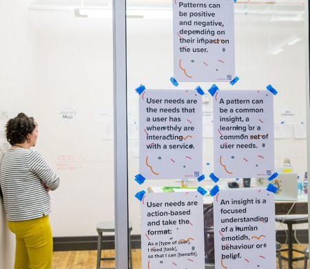 A person stands leaning against a wall in an office meeting room. Posters about the design process are taped to the office window.