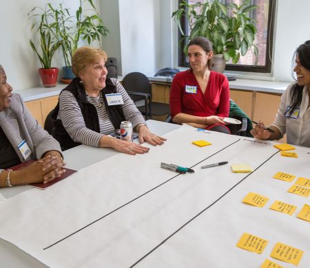 Four people sit together around a table in an office setting. The table is covered with a large sheet of paper and hand-written sticky notes.
