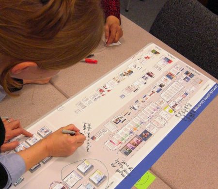 A person writes a note on a print-out depicting an organization's different communication channels.