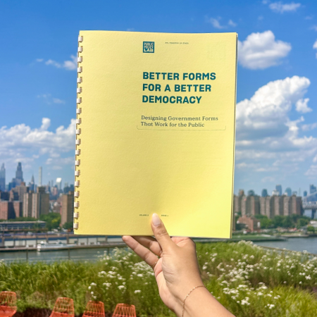 Person's hand holding a publication that says "Better Forms for a Better Democracy"
